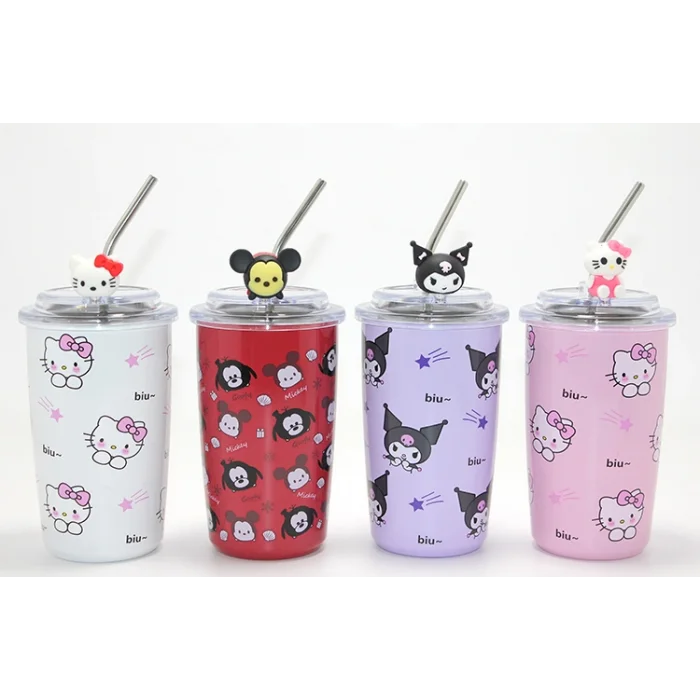 BUĞZ Sanrio Hello Kitty Ve Kuromi Figürlü Isı Muhafazalı Metal Pipetli Çelik Kupa