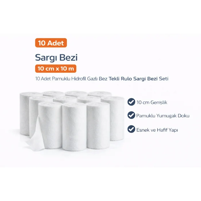 BUĞZ Sargı Bezi 10 cm x 10 m 10 Adet Pamuklu Hidrofil Gazlı Bez Tekli Rulo Sargı Bezi Seti