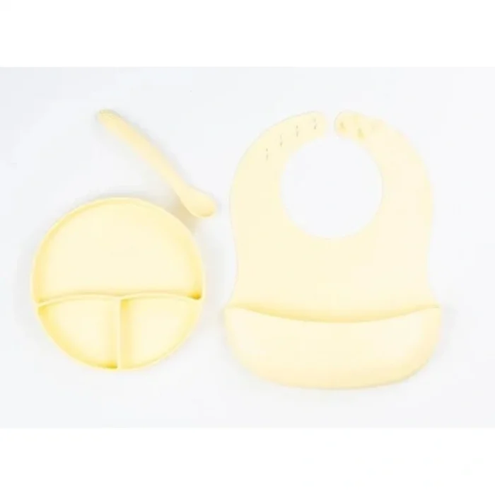 BUĞZ Sarı 3’lü Silikon Yemek Seti – Önlük + Diş Kaşıyıcılı Kaşık + Vakumlu Tabak