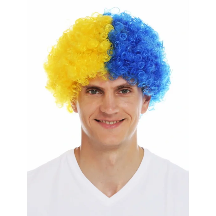 BUĞZ Sarı Lacivert Kıvırcık Afro Bonus Taraftar Peruğu