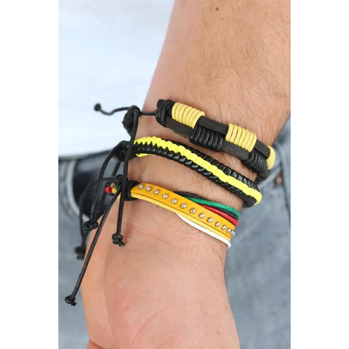 BUĞZ Sarı Renk Zımbalı Deri Erkek Bileklik Kombini - Lisinya