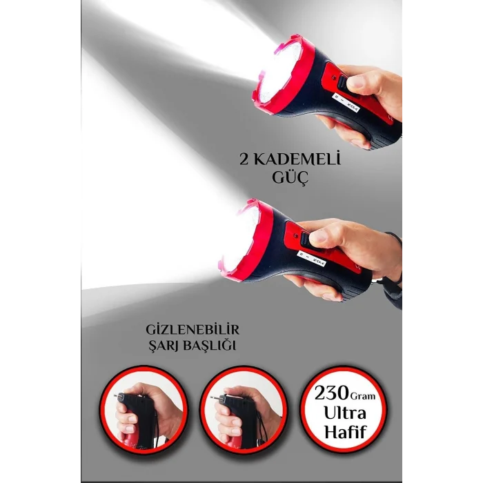 BUĞZ Şarjlı 10w Projektör Led El Feneri 2 Mod Aydınlatmalı Uzun Menzil Güvenlik Bekçi Polis Feneri Işıldak