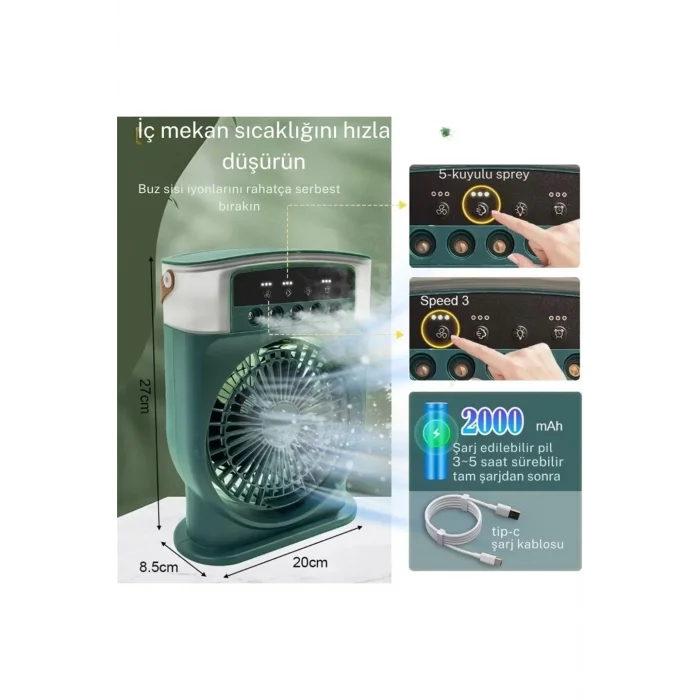 BUĞZ Şarjlı 600 Ml Su Hazneli Taşınabilir Masaüstü Vanilatör  Güçlü Fan Ve 2000 Mah Pil Siyah