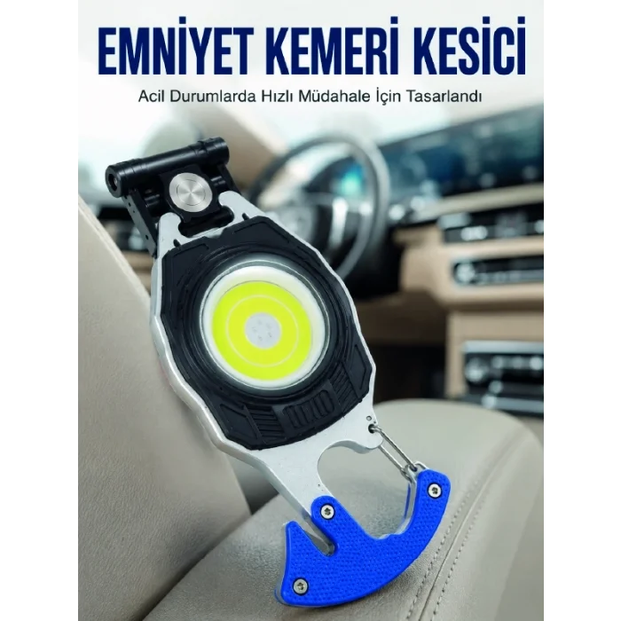 BUĞZ Şarjlı Acil Durum Feneri Elektronik Çakmak Tornavida ve Emniyet Kemeri Kesicili Taşınabilir El Feneri
