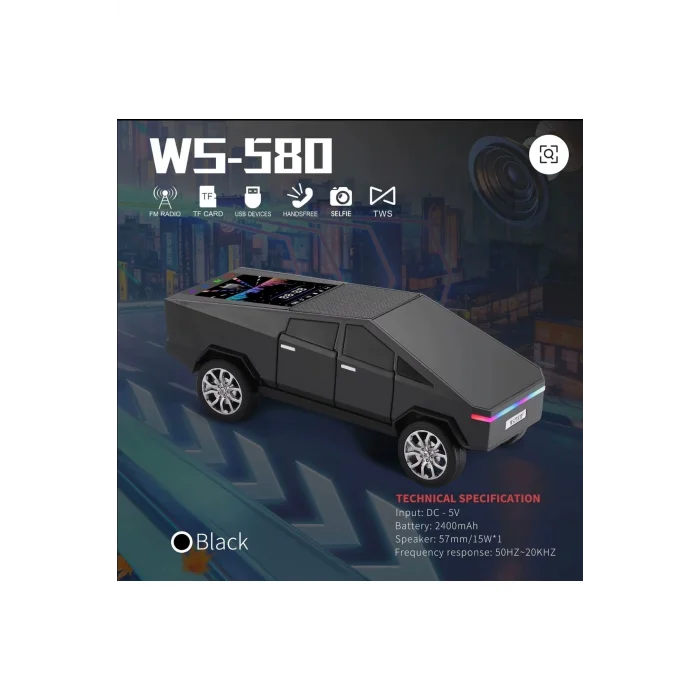 BUĞZ Şarjlı araba tasarımlı siyah Bluetooth hoparlör 15W FM radyo SD kart USB destekli