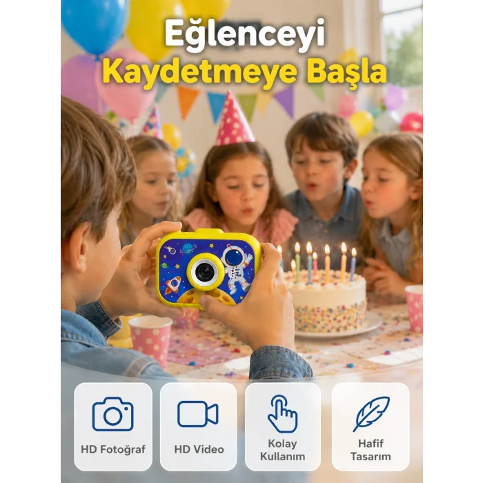 BUĞZ Şarjlı Çocuk Dijital Kamera Ön Arka Kamera Destekli HD Fotoğraf Video Çekimi Mini Tripodlu