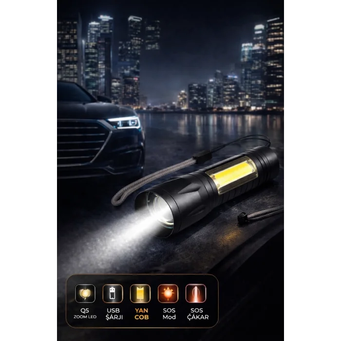 BUĞZ Şarjlı El Feneri 3 Modlu  USB Kablo Hediyeli, SOS Modlu, Kutulu, Taşınabilir