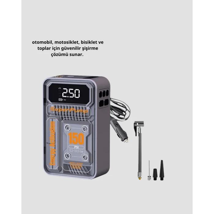 BUĞZ Şarjlı Kablosuz Hava Pompası – 150 PSI Basınç, LED Ekran ve 6000mAh Batarya