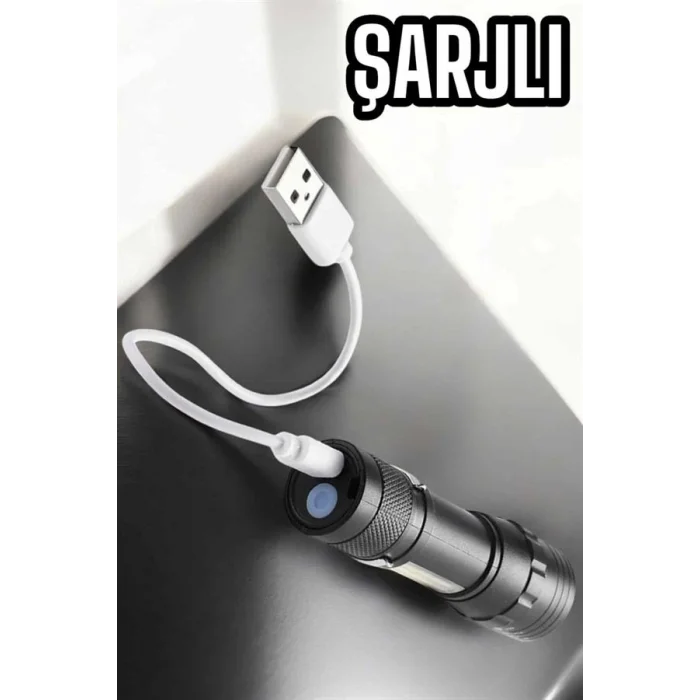 BUĞZ Şarjlı Metal Zoomlu El Feneri Işıldak Led Işık Taşınabilir El Lambası