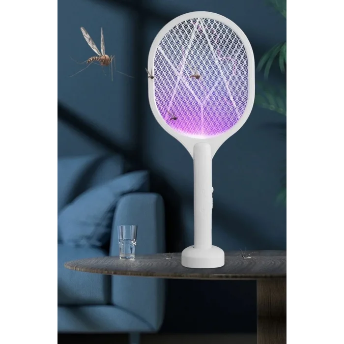 BUĞZ Şarjlı Sinek Öldürücü Masaüstü Standlı,mor Işık Sinek Kovucu Raket 5w