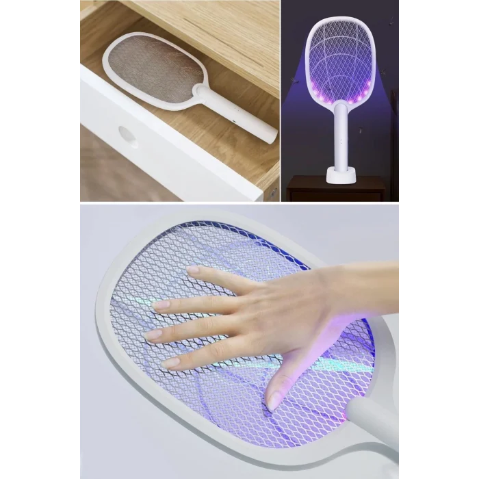 BUĞZ Şarjlı Sinek Öldürücü Masaüstü Standlı,mor Işık Sinek Kovucu Raket 5w