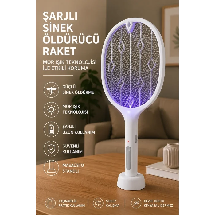 BUĞZ Şarjlı Sinek Öldürücü Sivrisinek Raketi Elektrikli Karasinek Haşere Kovucu Mor Işıklı Sineklik Aleti