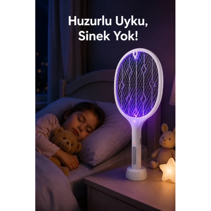 BUĞZ Şarjlı Sinek Öldürücü Sivrisinek Raketi Elektrikli Karasinek Haşere Kovucu Mor Işıklı Sineklik Aleti