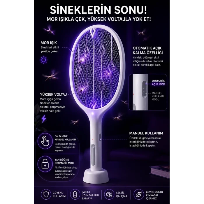 BUĞZ Şarjlı Sinek Öldürücü Sivrisinek Raketi Elektrikli Karasinek Haşere Kovucu Mor Işıklı Sineklik Aleti