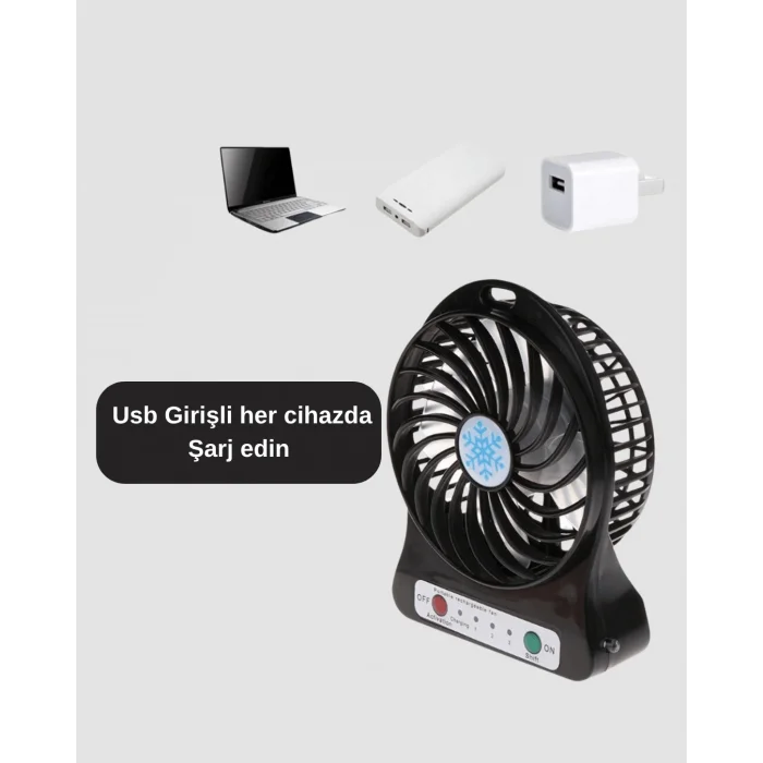  Şarjlı USB Fan – Masaüstü Mini Vantilatör, Taşınabilir, Işıklı, 3 Kademeli, Sessiz