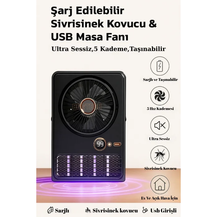 BUĞZ Şarjlı ve Taşınabilir Masaüstü Vantilatör, 5 Kademeli Hız ve Sinek Kovucu Özelliğe Sahiptir