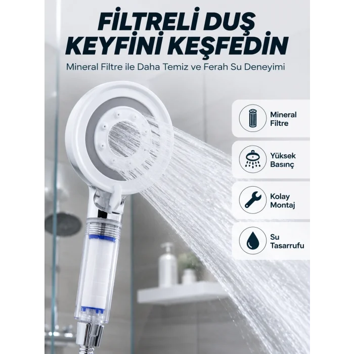 BUĞZ Şeffaf Filtre Hazneli Duş Başlığı Güçlü Akışlı Pratik Banyo Duşu