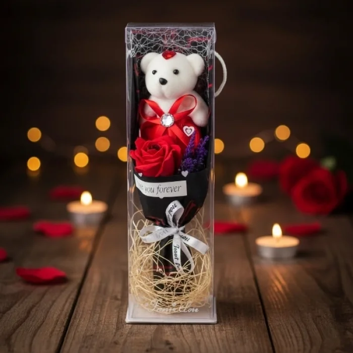 BUĞZ Şeffaf Kutulu Ayıcıklı Gül Buketi