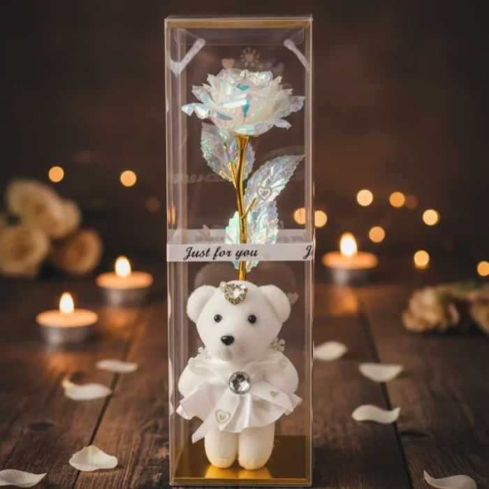 BUĞZ Şeffaf Kutulu Ayıcıklı Sonsuzluk Gülü