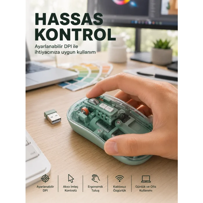 BUĞZ Şeffaf Tasarımlı Bluetooth Kablosuz Mouse Pilli Kullanım Yeni Nesil