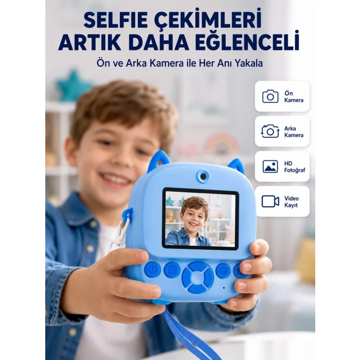 BUĞZ Selfie Özellikli Çocuk Fotoğraf Makinesi Mürekkepsiz Termal Baskı Teknolojisi