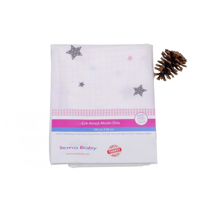 BUĞZ Sema Baby Çok Amaçlı Müslin Örtü 100x80 cm - Pembe Yıldız 8682476853124