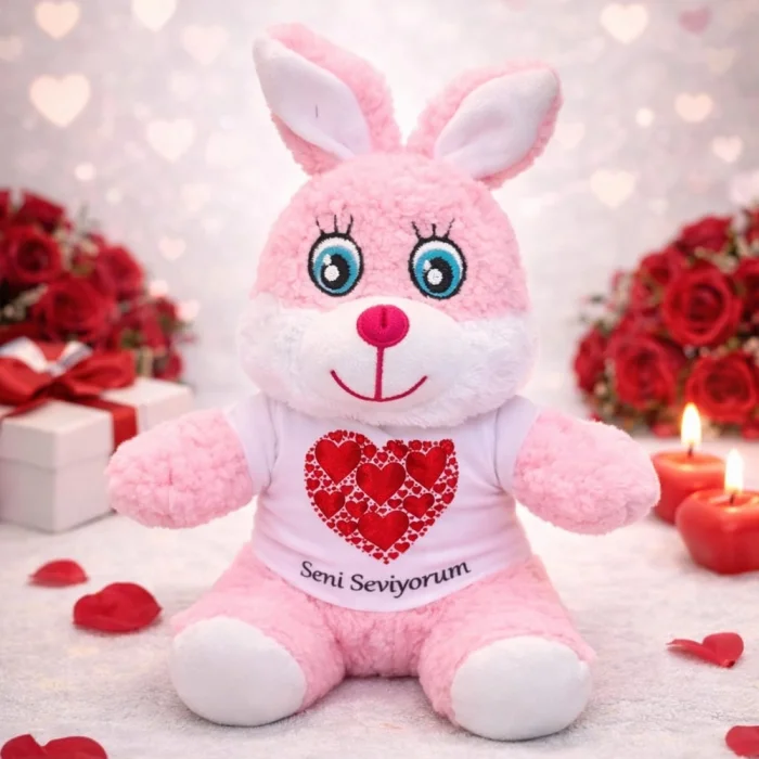 BUĞZ Seni Seviyorum Tişörtlü Pembe Peluş Tavşan