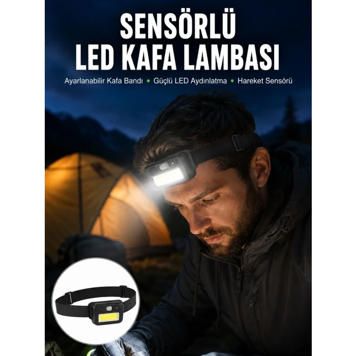 BUĞZ Sensörlü Kamp Lambası Ayarlanabilir Kafa Lambası Kafa Bantlı Yeni Nesil