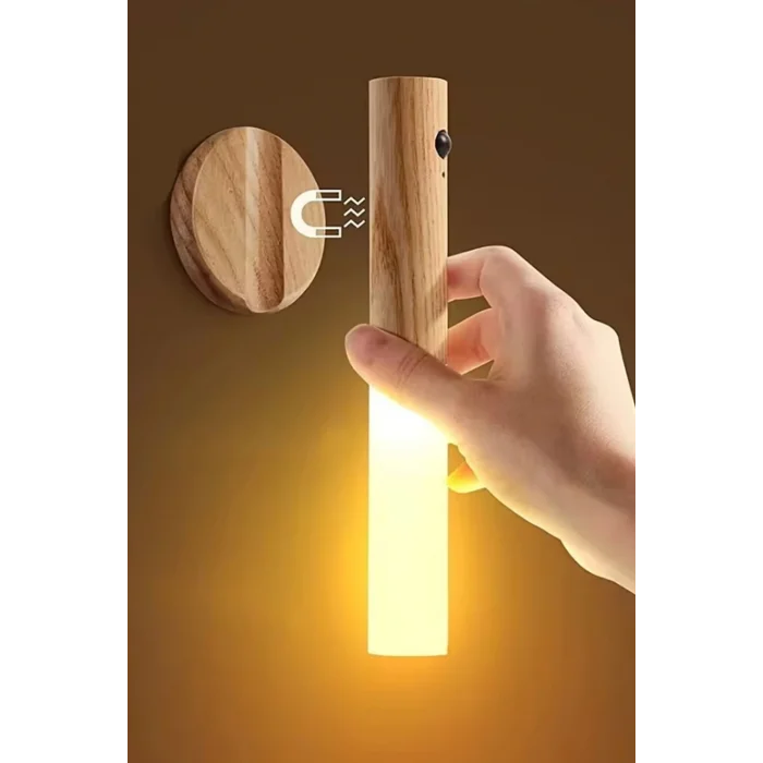 BUĞZ Sensörlü Şarjlı LED Ahşap Görünümlü Kablosuz Duvar Lambası Gün Işığı Aplik