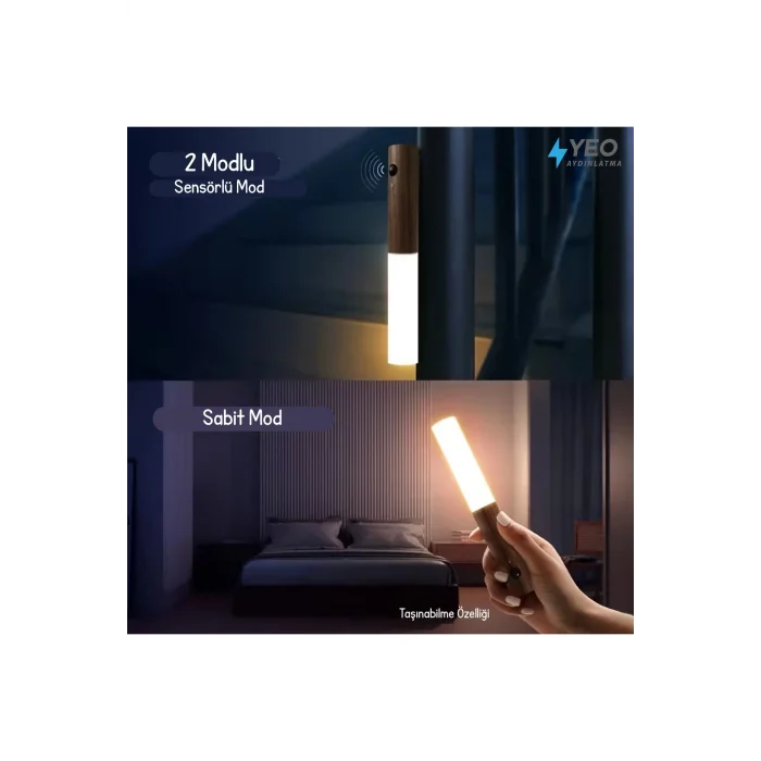 BUĞZ Sensörlü USB Şarjlı Mıknatıslı Taşınabilir Ahşap Görünümlü Duvar Aplik