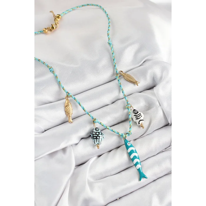 BUĞZ Seramik Motifli Balık Figürlü Model Mavi İp Kadın Kolye - Lisinya