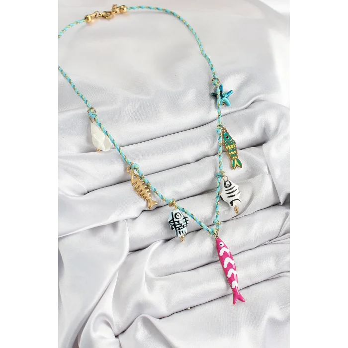 BUĞZ Seramik Motifli Pembe Balık Figürlü Model Mavi İp Kadın Kolye - Lisinya