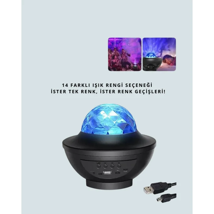 BUĞZ Sesle Etkileşimli Yıldız Projektörlü Gece Lambası – Bluetooth Hoparlörlü, USB Girişli, Dönen Okyanus