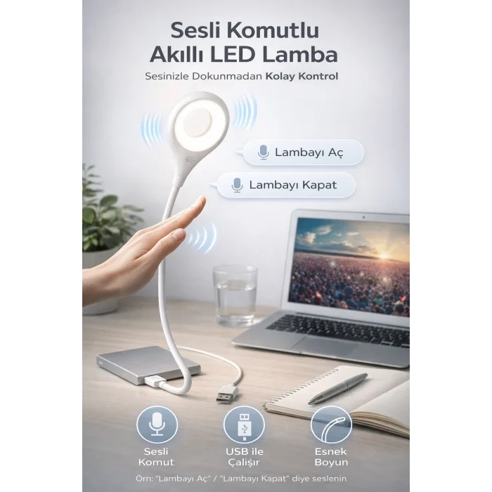 BUĞZ Sesli Komutla Çalışan Akıllı USB LED Lamba Esnek Başlıklı Taşınabilir Masa ve Okuma Işığı