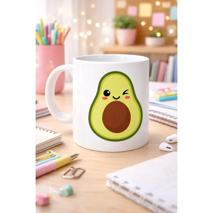 BUĞZ Sevimli Avokado Tasarımlı Porselen Kupa MODEL 120 – Göz Kırpan Avokado Figürlü Kahve & Çay Kupası