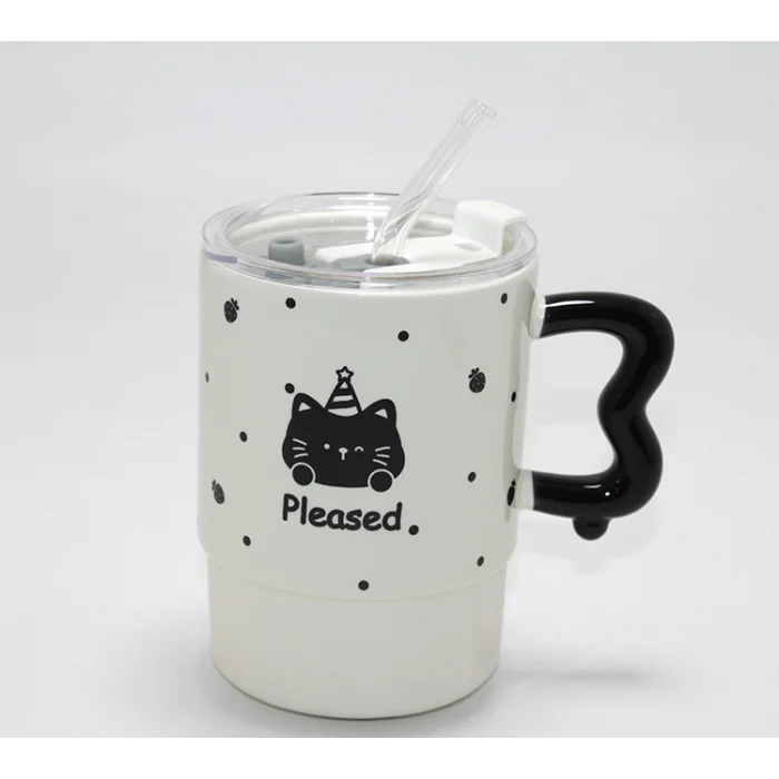 BUĞZ Sevimli Ayı Figürlü Pipetli Kapaklı Porselen Kupa Bardak