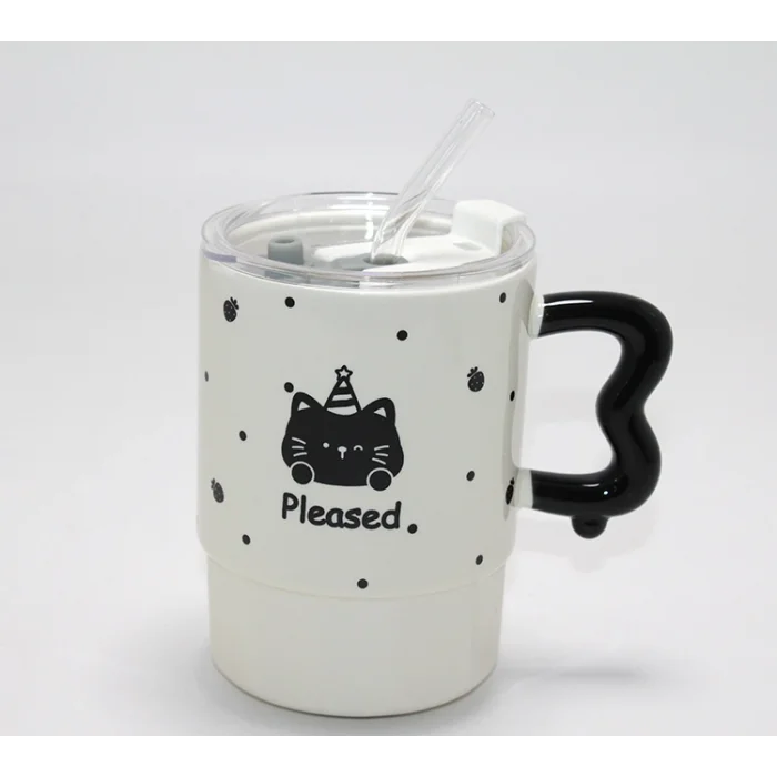 BUĞZ Sevimli Ayı Figürlü Pipetli Kapaklı Porselen Kupa Bardak