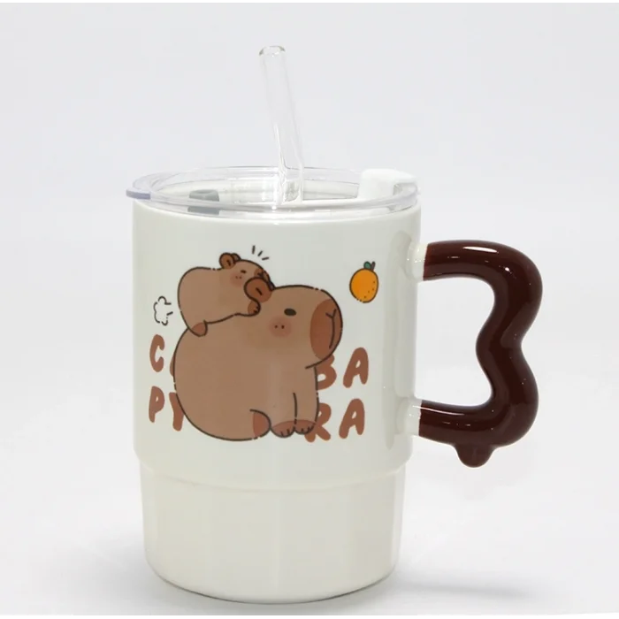 BUĞZ Sevimli Capybara Figürlü Kapaklı Porselen Kupa Bardak