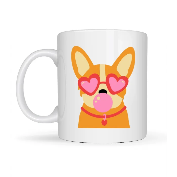 BUĞZ Sevimli Corgi Desenli Porselen Kupa Model 44 – Kalpli Gözlüklü Köpek Tasarımlı, Eğlenceli & Hediye Fikri