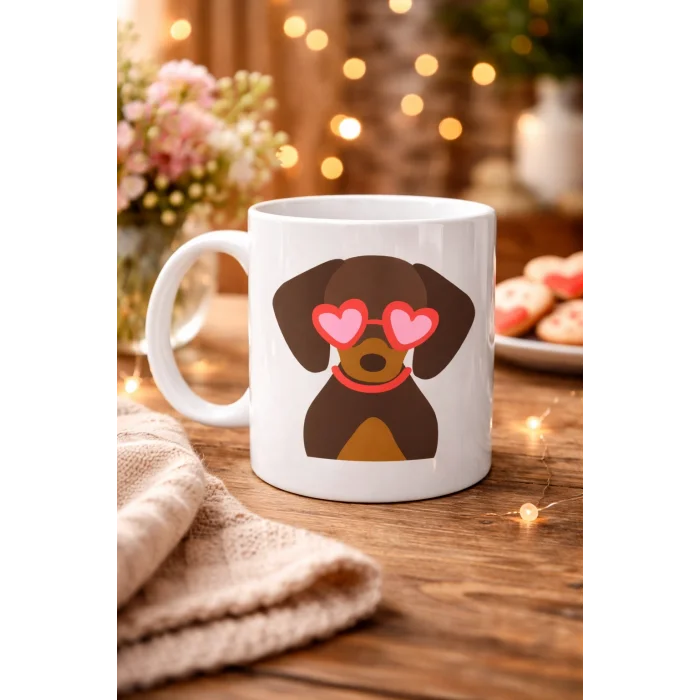 BUĞZ Sevimli Dachshund (Sosis Köpek) Desenli Porselen Kupa Model 47 – Kalpli Gözlüklü Köpek Figürlü, Hediye Kupası