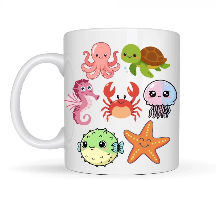BUĞZ Sevimli Deniz Canlıları Desenli Porselen Kupa MODEL 118 – Ahtapot, Kaplumbağa, Yengeç ve Deniz Yıldızlı Kahve Kupası