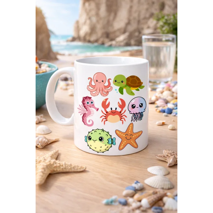 BUĞZ Sevimli Deniz Canlıları Desenli Porselen Kupa MODEL 118 – Ahtapot, Kaplumbağa, Yengeç ve Deniz Yıldızlı Kahve Kupası