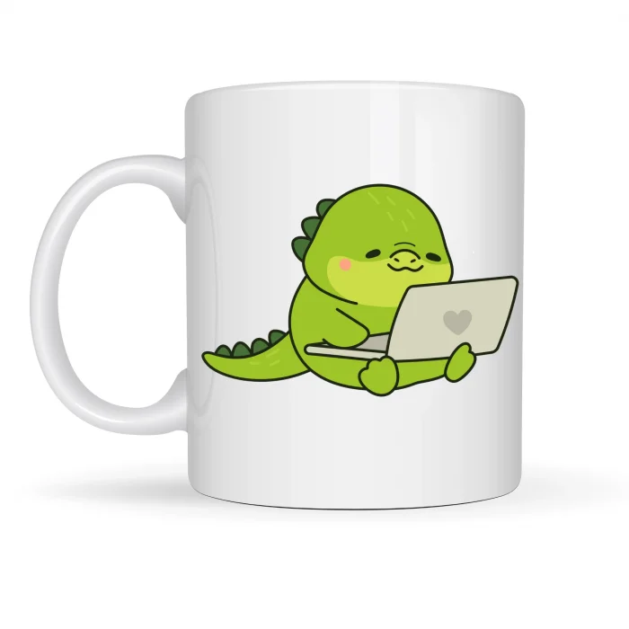 BUĞZ Sevimli Dinozor Tasarımlı Porselen Kupa MODEL 117 – Laptoplu Tatlı Dino Figürlü Ofis & Ev Kahve Kupası