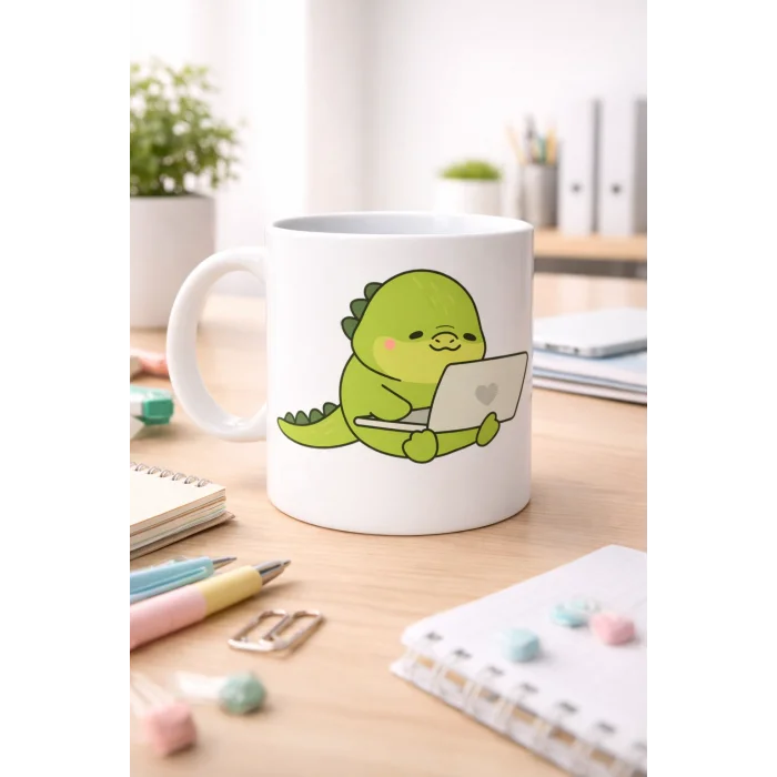 BUĞZ Sevimli Dinozor Tasarımlı Porselen Kupa MODEL 117 – Laptoplu Tatlı Dino Figürlü Ofis & Ev Kahve Kupası