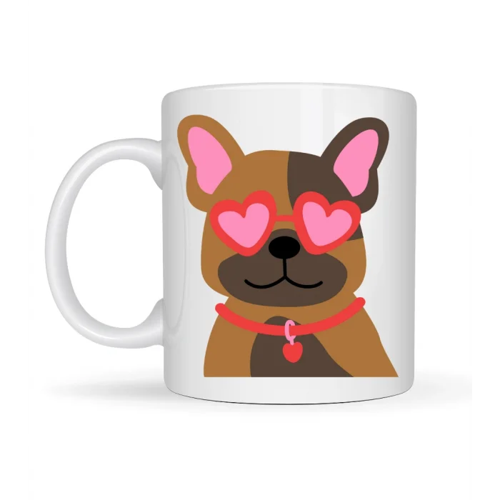 BUĞZ Sevimli French Bulldog Desenli Porselen Kupa Model 48 – Kalpli Gözlüklü Köpek Tasarımı, Hediye Kupa, Kahve & Çay Kupası