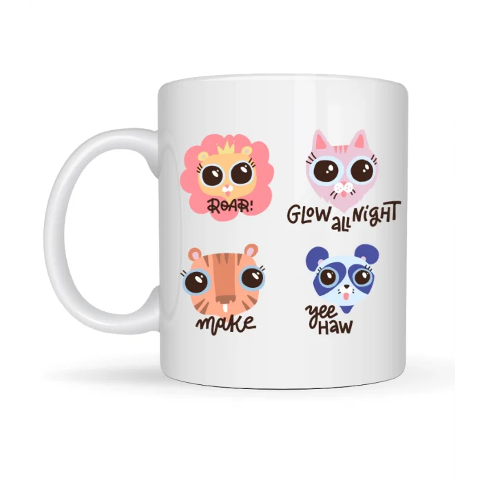 BUĞZ Sevimli Hayvan Figürlü Porselen Kupa MODEL 70 – “Roar • Glow All Night • Make • Yee Haw” Tasarımlı Özel Baskı Kupa