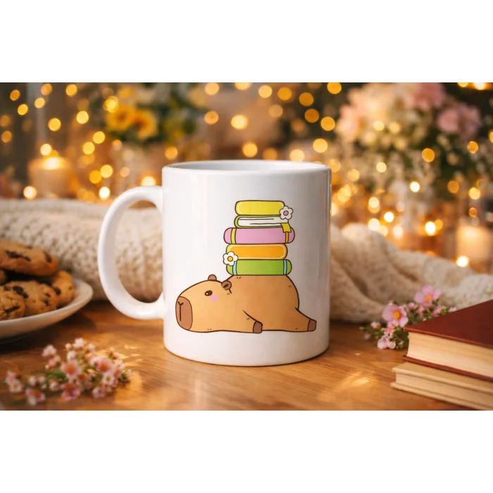 BUĞZ Sevimli Kapibara Kitaplı Kupa MODEL 101 – Kahve & Çay Kupası Kitap Severlere Özel Tatlı Tasarım Porselen Kupa