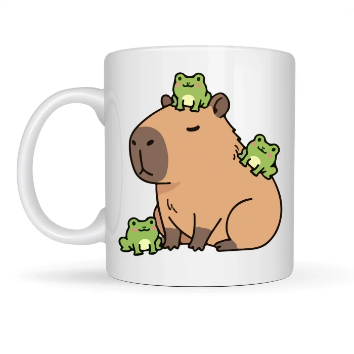 BUĞZ Sevimli Kapibara ve Kurbağa Desenli Porselen Kupa MODEL 98 – Eğlenceli Tasarım, Kahve & Çay Kupası, Hediye Fikri