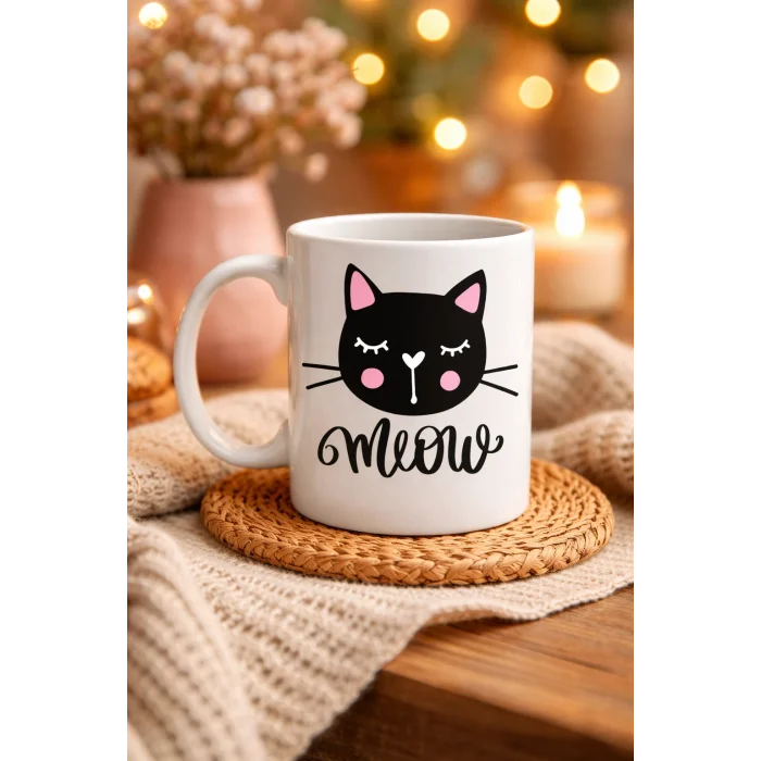 BUĞZ Sevimli Kedi Desenli Porselen Kupa MODEL 63 – “Meow” Yazılı Kahve & Çay Keyfi İçin Tatlı Tasarım