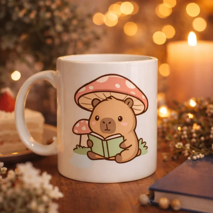 BUĞZ Sevimli Kitap Okuyan Kapibara Desenli Porselen Kupa MODEL 97 – Sıcacık Tasarım, Kahve & Çay Kupası, Hediye Fikri